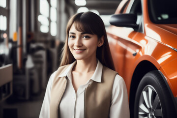 Plakat Portrait of the female factory worker in an orange vest and industry car assembly line background. Generative AI