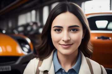 Obraz na płótnie Canvas Portrait of the female factory worker in an orange vest and industry car assembly line background. Generative AI