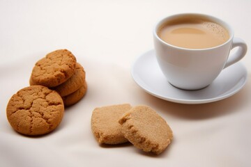 cup of coffee with cookies, latte and freshly baked cookies