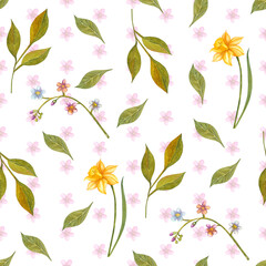 Seamless pattern cute spring pattern watercolor. Hand draw on an isolated white background.