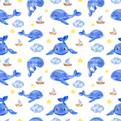 Drawn little baby blue whale. Children's style. Blue whale. Print. Seamless watercolor marine pattern. Ocean. Fabric print. Under the water. Sea creatures. Home textiles for children.