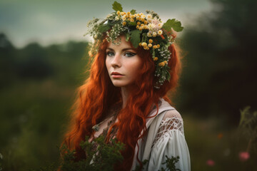 Enchanting Celtic Pagan Woman with Wildflowers in her Hair, generative ai - obrazy, fototapety, plakaty
