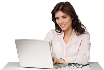 Beautiful businesswoman using laptop isolated on white