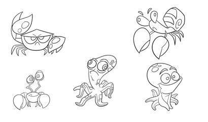 Sea animals group coloring page. Ocean fish, octopus, dolphin, shark, whale, turtle and crab. Doodle style. Outline vector illustration for coloring book. Vector sheet icon.