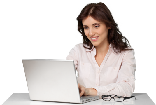 Beautiful businesswoman using laptop isolated on white