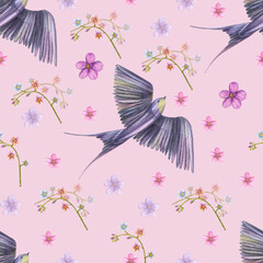 Seamless pattern spring flowers and bird pattern watercolor on pink background. Hand draw on an isolated white background.