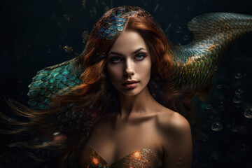 Enchanting mermaid emerging from the depths with a mesmerizing gaze and shimmering scales'', generative ai