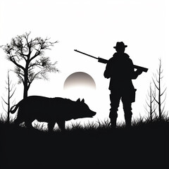 silhouette of hunter with gun and dog.