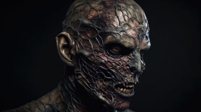  a black zombie head without skin, has face paint and scarification, Very sharp high detailed, realistic, photography, generative ai
