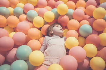 Fototapeta na wymiar Girl laying on a dozens of vibrant balloons 
