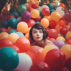 Fototapeta na wymiar Young woman surrounded by dozens of vibrant balloons 