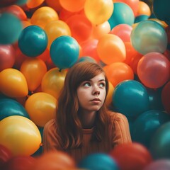 Fototapeta na wymiar Beautiful girl surrounded by dozens of vibrant balloons 