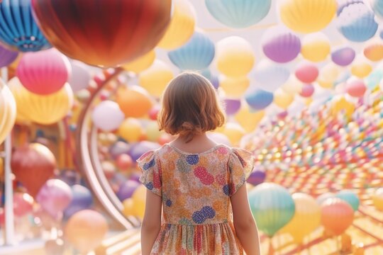 Girl looking at the hundreds of vibrant balloons 