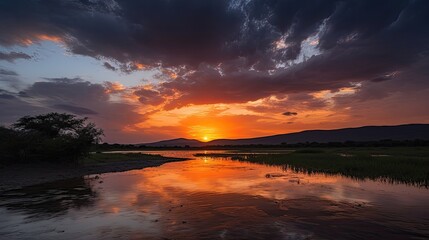 Beautiful, colorful sunset, sunrise over a wide river. Twilight rays and clouds reflected in the calm water of Great Rift Valley in kenya, photographic, generative ai