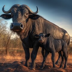Obraz premium black south african CAPE buffalo, newborn calf and his mother, panoramic view, highly detailed, magnificent full color, unreal engine, realistic, photographic, generative ai