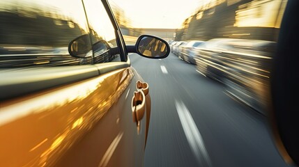 Blurred view of car driving on road, speed, mirrored, realistic, photography, generative ai