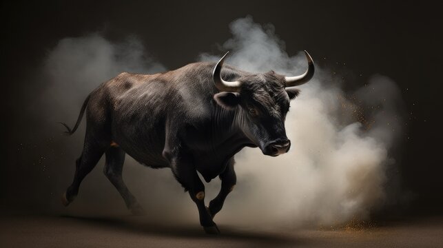 Black Spanish bull rearing in light smoke, realistic, photography, generative ai