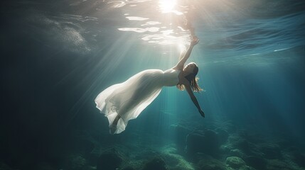 Elegant girl dancer in white dress in a state of levitation under the deep waters of the ocean with sunlight beaming on her face, realistic, polished, photography, generative ai