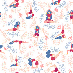 Yoga seamless pattern woman is engaged. Yoga poses, lotus, monstera. Health of mind and body