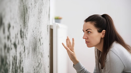 woman looking at mold on the wall