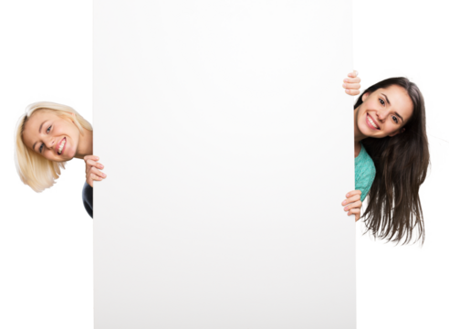 Two women with blank card isolated on white background