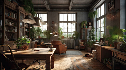 A home office interior idea, with industrial, bohemian, and naturalist design elements. Generative-AI-assisted interior inspiration, natural furniture concept