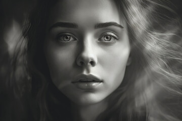 Ethereal portrait of a woman with delicate and dreamy features in monochromatic style, generative ai