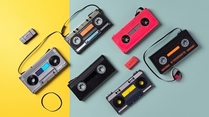 High angle view of portable audio cassette players, multi colored cassette tapes and vintage big headphones on white background, realistic, photographic, generative ai