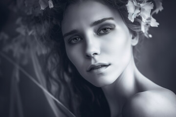 Ethereal portrait of a woman with delicate and dreamy features in monochromatic style, generative ai