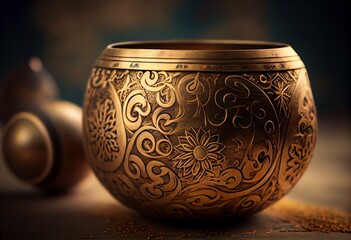 Feminine energy and harmony golden Tibetan singing bowl with patterns. Generative AI