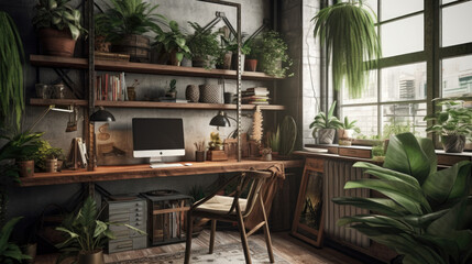 A home office interior idea, with industrial, bohemian, and naturalist design elements. Generative-AI-assisted interior inspiration, natural furniture concept