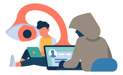 Hacker spying for man. Looking for private information. Cyber crime concept