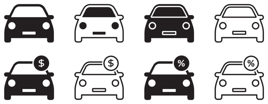 Set of car icon. Car with percent and dollar symbols. Buying vehicle, car loan, transport payment, rent car. Vector illustration.