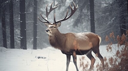  Noble deer male in winter snow forest. Artistic winter landscape, realistic, photographic, generative ai