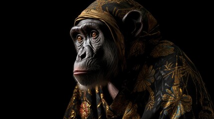 Profile Portrait of a Chimpanzee Against a Black Background, with Traditional clothing and dress, realistic, photographic, generative ai