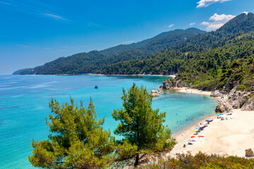 Fototapeta na wymiar View of the beautiful Fava beach in Vourvourou at Chalkidiki, Greece