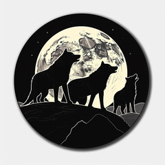 Silhouette of wolves against background of moon. Singing wolves..