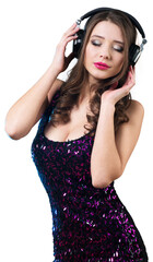 Woman in Glittery Dress Wearing Headphones