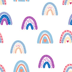 Seamless pattern graceful rainbows in boho colors. Scandinavian baby hand style for newborns.