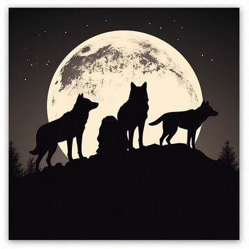 Silhouette of wolves against background of moon. Singing wolves..