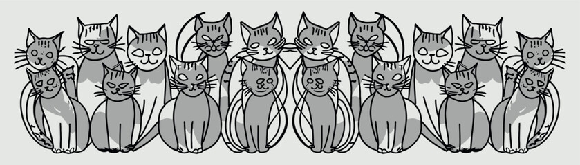 Multiple cats in a charming black and white vector illustration. Ideal for cat lovers and home decor. Whimsical and perfect for social media or any project needing feline flair.