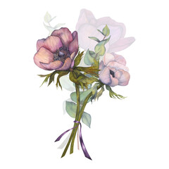 Bouquet of pastel pink anemones watercolor illustration. Hand painted card on white background.