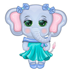 Cute cartoon elephant girl, children's character in a beautiful dress