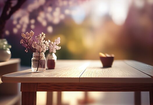 Empty table for product display with flower spring blur background . Sublime Generative AI image 