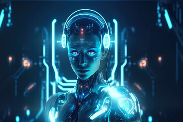 Futuristic cyborg woman with glowing eyes and robotic enhancements, standing in a high-tech laboratory, generative ai
