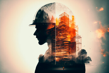 Building construction engineering project devotion with double exposure design. Generative AI