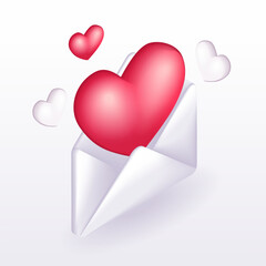 Trending 3D Isometric, cartoon icon. Concept of a love letter. An open envelope from which red and white hearts are flying. Vector illustration for website