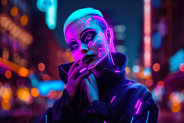 Fototapeta na wymiar Futuristic Woman with a Glowing Neon Makeup in a Cyber City, generative ai
