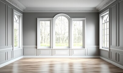 Interior of an empty room with windows, modern classics, generative ai