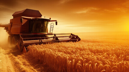 Naklejka premium Productive Summer Day: Combine Harvester Collecting Bountiful Wheat